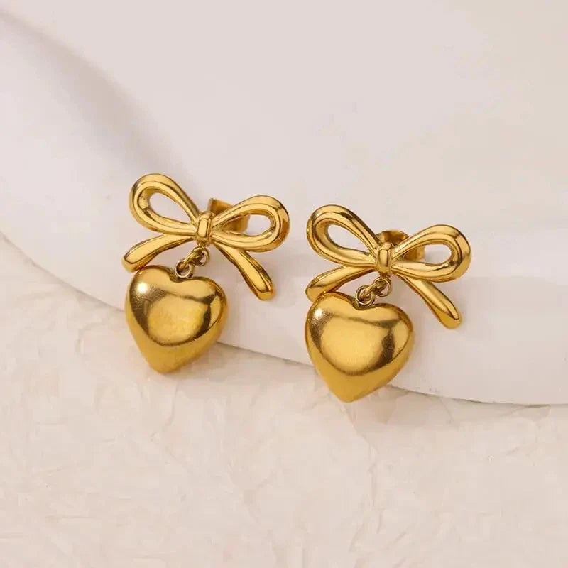 Cute Bow Heart Earrings for Women Stainless Steel Gold Color Heart Stud Earrings 2024 Trend Piercing Jewelry Wedding Party Gift