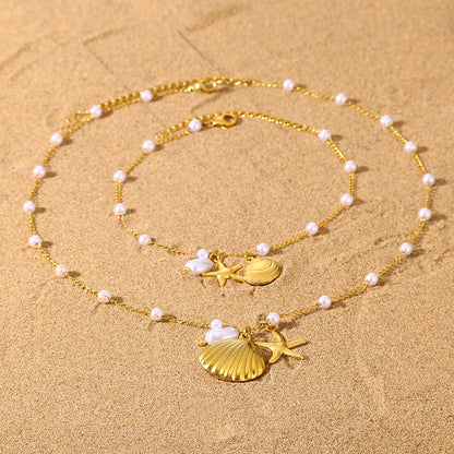 Freshwater Pearl Jewelry Set Shell Starfish Star Necklace Anklet Sets For Women Fashion Stainless Steel Chain Party Daily Gifts