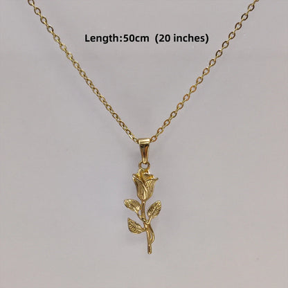 New Gold Plated Rose Flower Pendant Necklace Simple Vintage Clavicle Chain Stainless Steel Necklace for Men Women Jewelry Gifts
