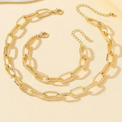 2 PCS Set Gold Color Link Chain Necklace Bracelet Set Punk Bracelet Big Link Chain Dubai Africa Party Jewelry Set Gift FOr Women