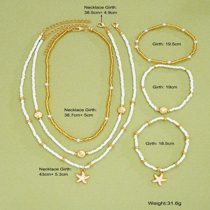 6Pcs/Set Rice Beaded Shell Starfish Pendant Necklace Bracelets Bohemian Elegant Gold White Color Jewelry Set Holiday Accessories
