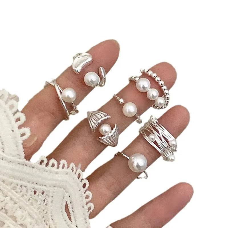 PANJBJ 925 Sterling Silver Pearl Irregular Ring | Women Shell Overlapping Hollow Sweet Design Jewelry