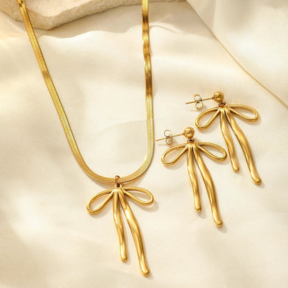 Aomogo Stainless Steel Set Luxury Fashion Bow Tie Pendant Snake Bone Chain Earrings Necklace Set for Women Jewelry Daily Match