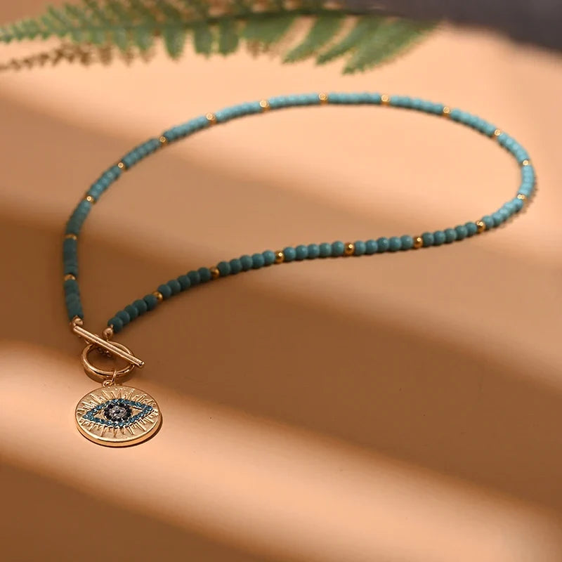 4mm Colorful Stone Choker Necklace for Women | Round Evil Charm Pendant