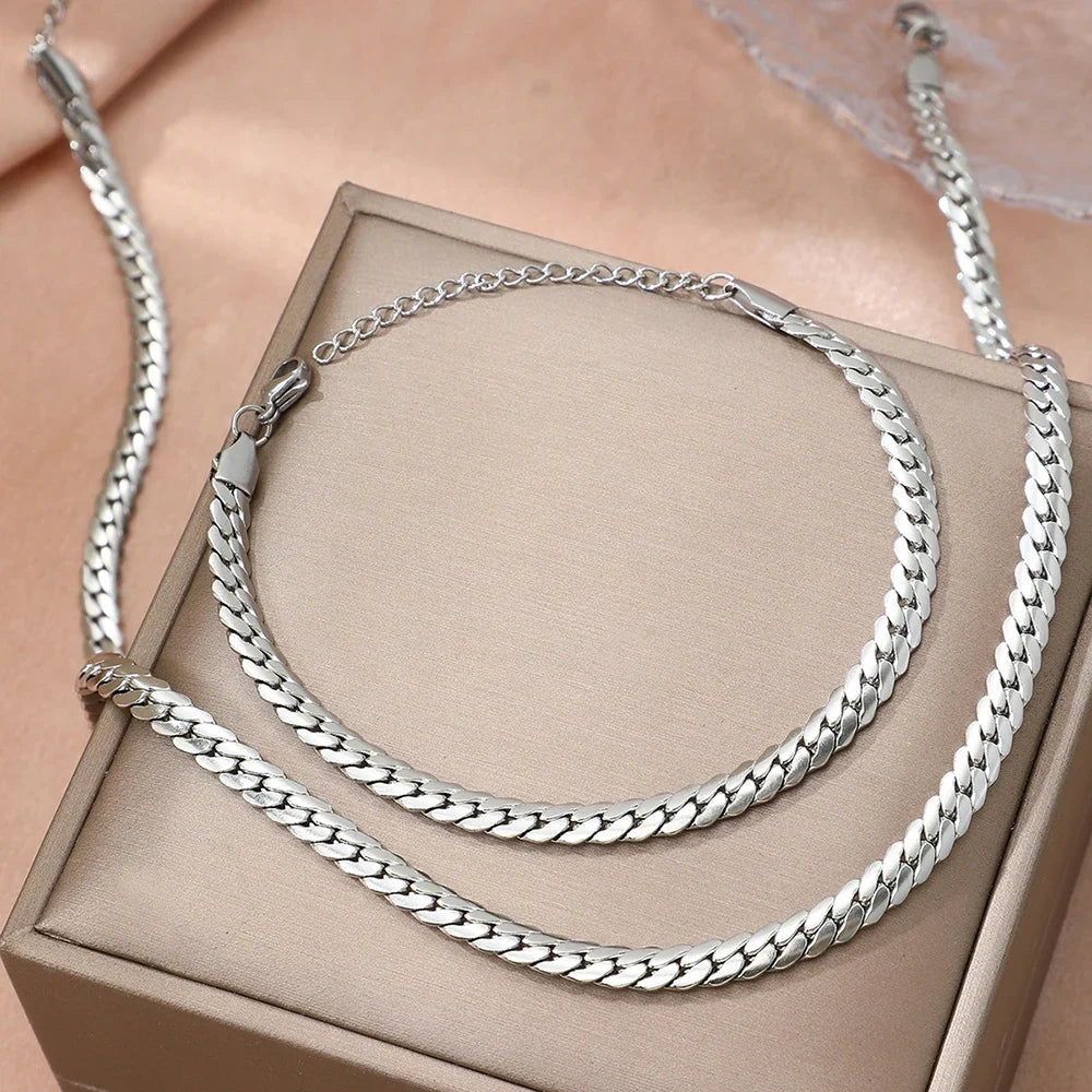 Aomogo Stainless Steel Simple Flat Cuban Chain Bracelet Necklace Jewelry Set 18k Gold Plated Fashion Thick Chain Fashion Jewelry