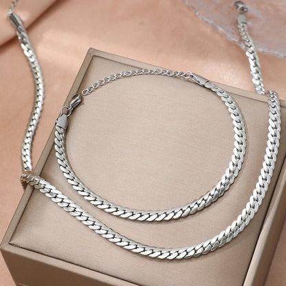 Aomogo Stainless Steel Simple Flat Cuban Chain Bracelet Necklace Jewelry Set 18k Gold Plated Fashion Thick Chain Fashion Jewelry
