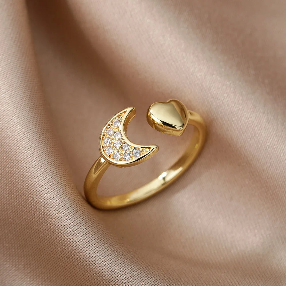 Zircon Heart Rings For Women Stainless Steel Gold Color Adjustable Open Finger Ring Wedding Aesthetic Jewelry Gift 2024