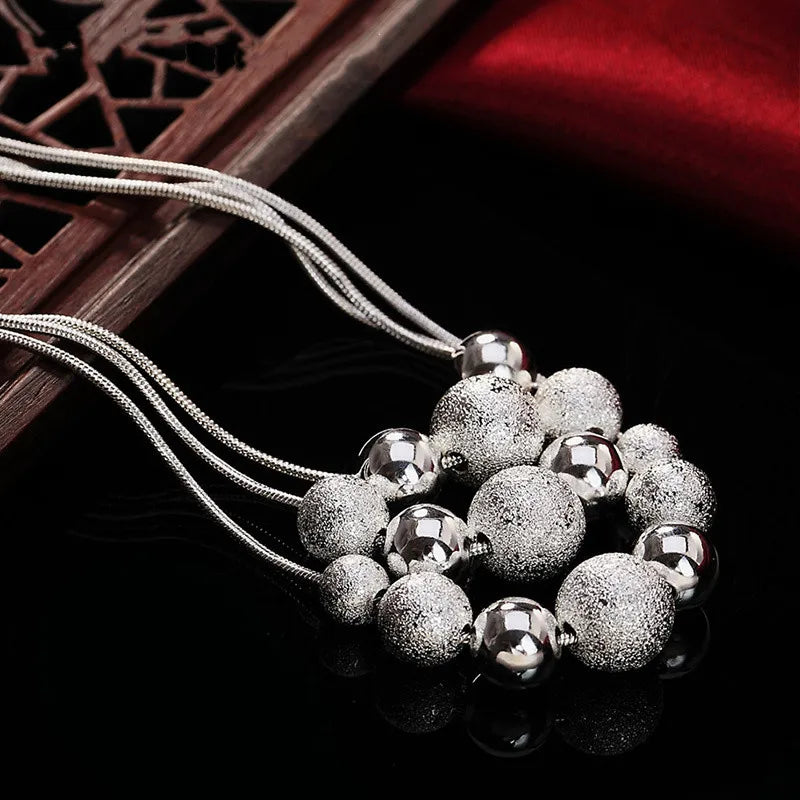 URBABY 925 Sterling Silver 18-inch Frosted Beads Pendant Earrings Necklace for Woman Fashion Jewelry Set Wedding Gift