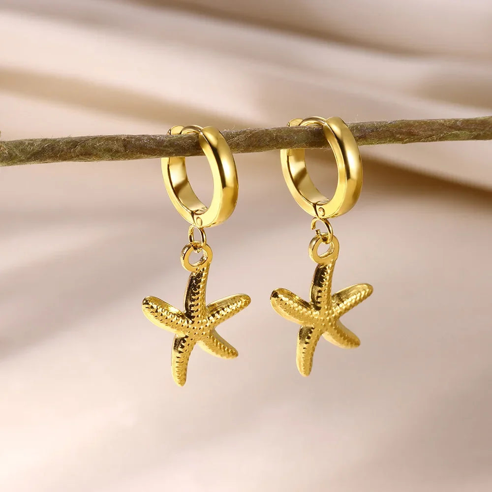 Freshwater Ocean Starfish Shell Hoop Earrings For Women Elegant Stainless Steel Gold Color Aretes Christmas jewelry accessories