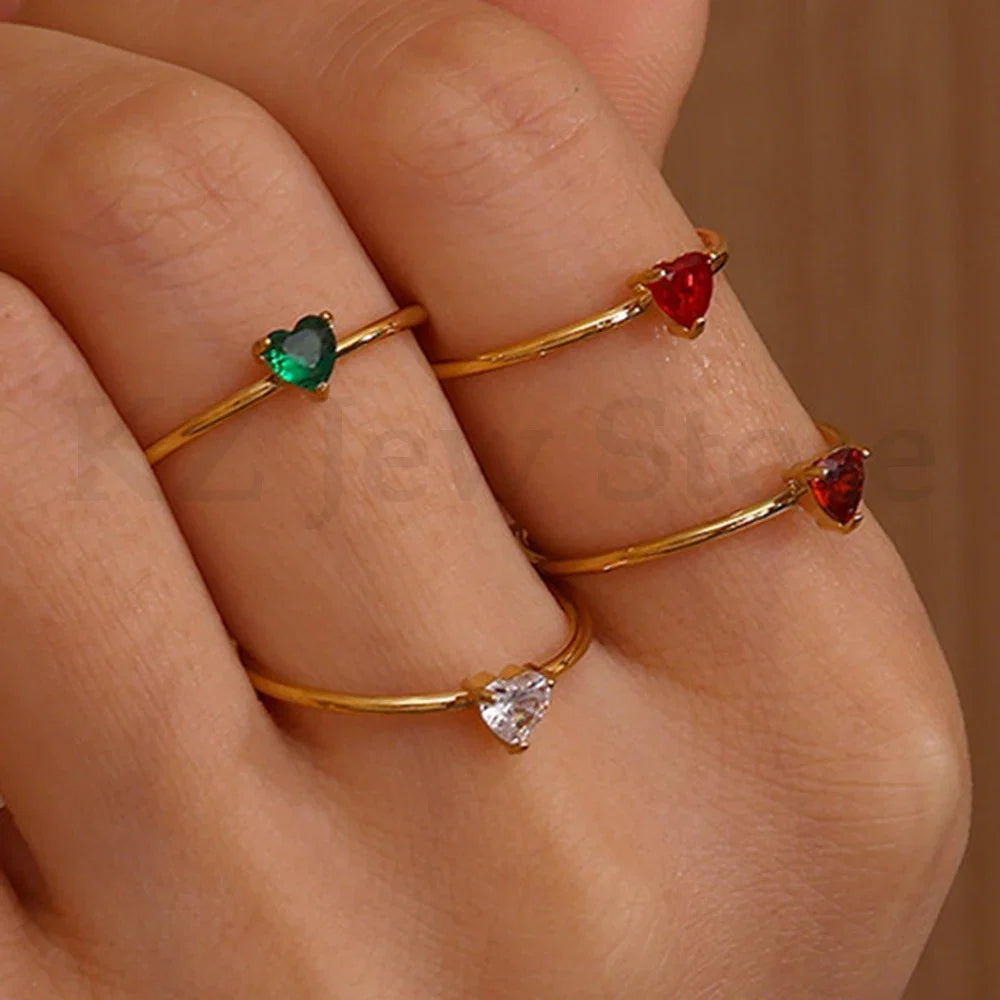 2025 Birth Colorful Cubic Zircon Heart Opening Rings For Women Fashion Dainty Stainless Steel Princess Ring Jewelry Wedding Gift