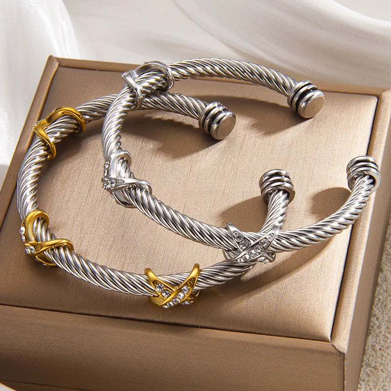 1pcs Stainless Steel 8-shaped Cross Diamond Bracelet Trendy Fashion Versatile Steel Rope Open Bracelet Party Jewelry Gifts