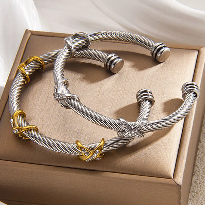 1pcs Stainless Steel 8-shaped Cross Diamond Bracelet Trendy Fashion Versatile Steel Rope Open Bracelet Party Jewelry Gifts