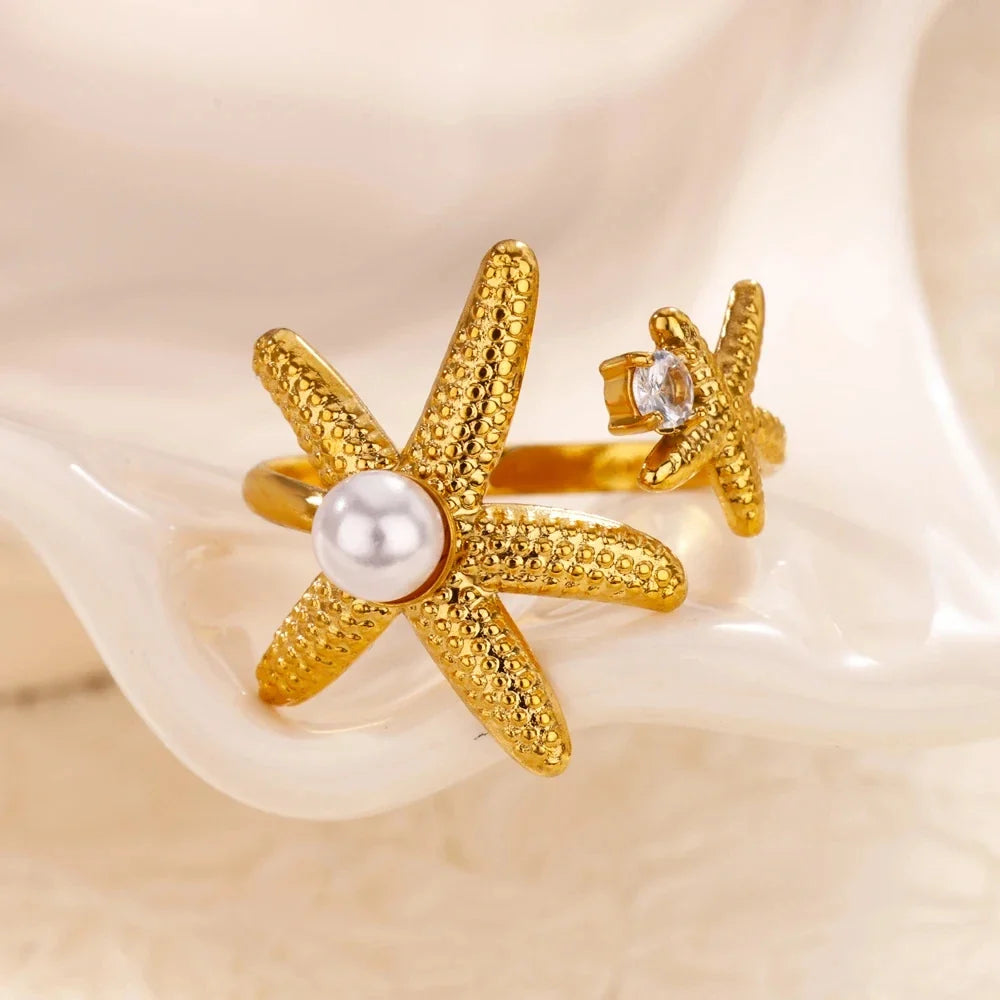 Starfish Shell Stainless Steel Open Rings For Women Fashion Gold Color Finger Ring Trendy Summer Beach Vacation Ocean Jewelry