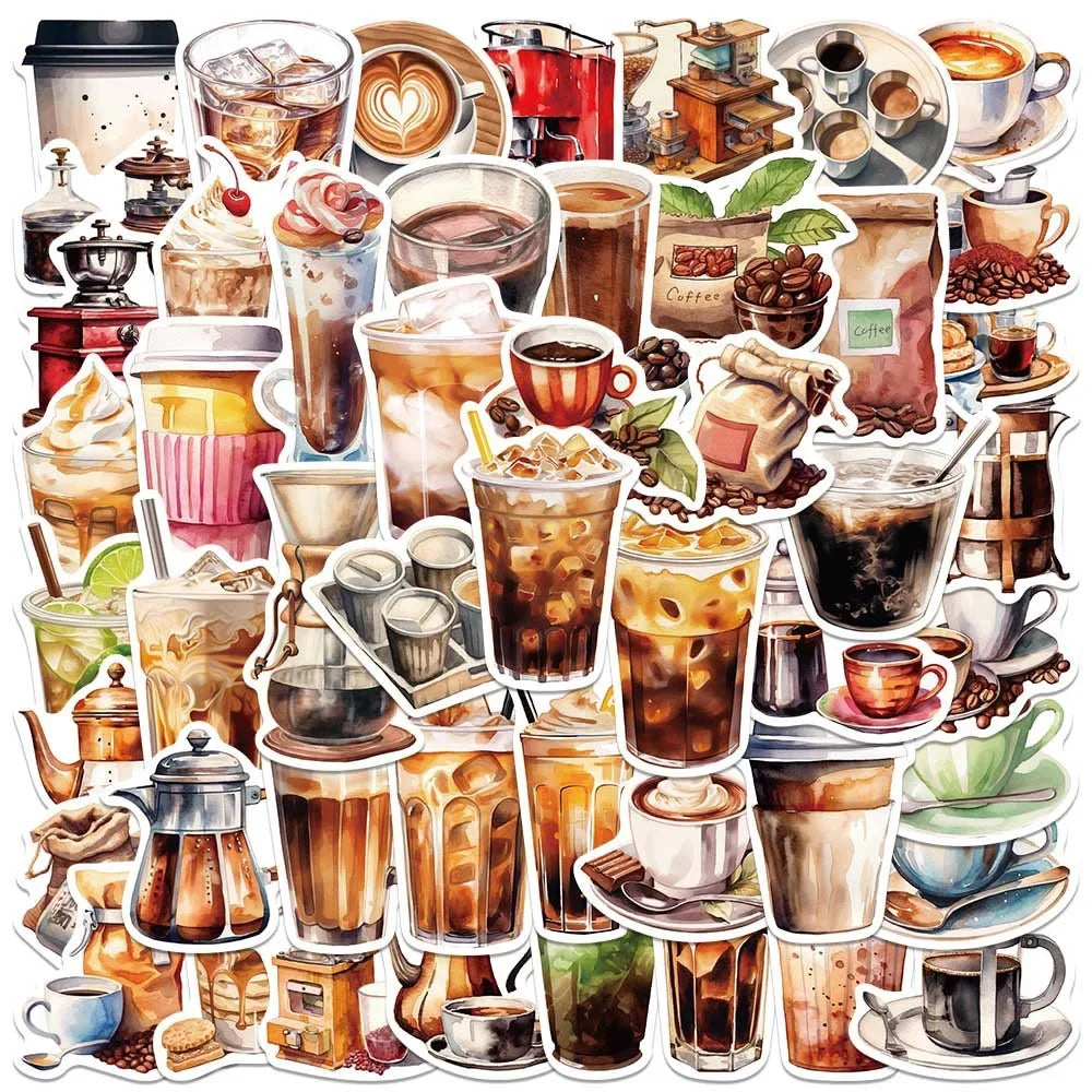 Coffee Lover Cartoon Sticker Pack | 50 Waterproof Decals for Laptop Helmet