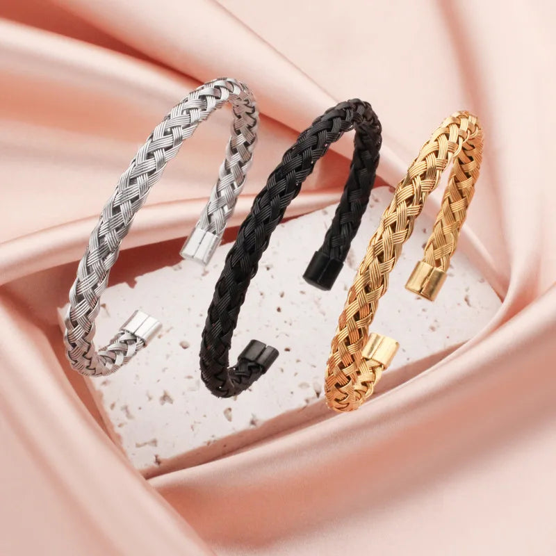1Pcs Titanium Steel Woven Bangle Trendy And Minimalist Style Steel Wire Braided Adjustable C-shaped Opening Bracelet