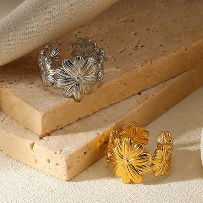 Unique Design Flower  Rings For Women Geometric Stainless Steel Flower Opening Ring Gold Color Jewelry Gift Anillos