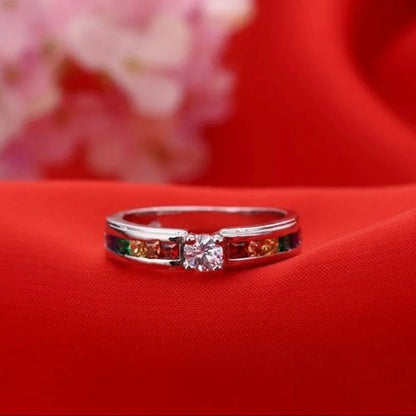 Real 100% 925 Sterling Silver Color Rainbow Cubic Zircon Rings For Women Wedding Lovely Engagement Proposal Ring Accessory