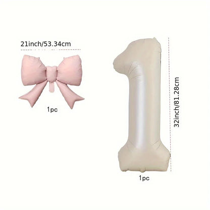 2 Pcs 32 Inch Cream Digital Balloon Set with Pink Bow | Aluminum Foil Party Decor