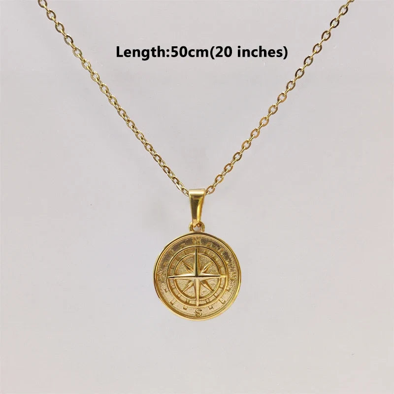 18K Gold Plated Stainless Steel Compass Pendant Necklace - Round Coin Design for Men & Women, Waterproof Unisex Jewelry Gift