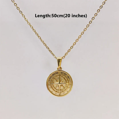 18K Gold Plated Stainless Steel Compass Pendant Necklace - Round Coin Design for Men & Women, Waterproof Unisex Jewelry Gift
