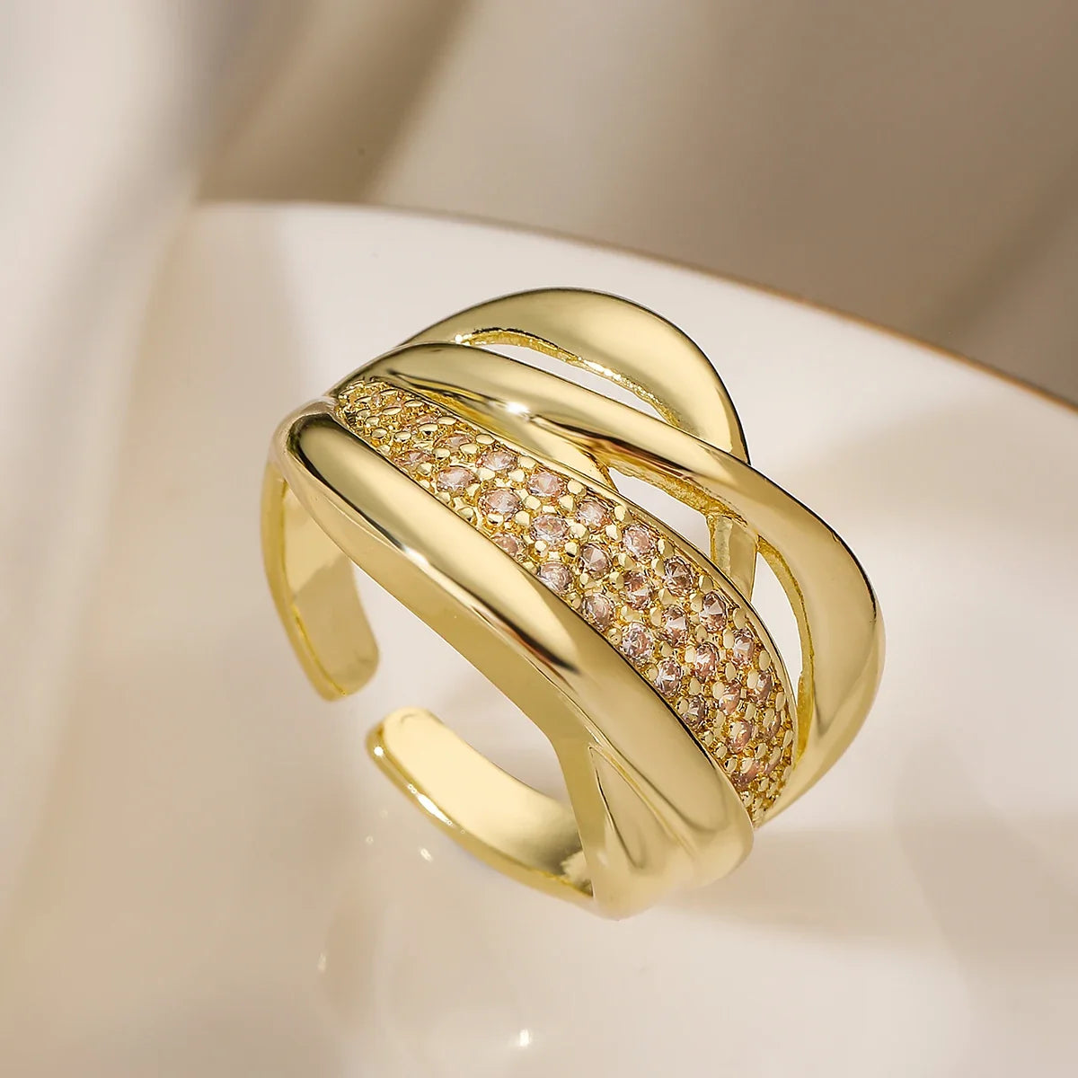 NEWBUY Trendy Gold Color Copper Geometric Jewelry Luxury AAA Cubic Zirconia Wedding Ring For Elegant Women Engagement Gift
