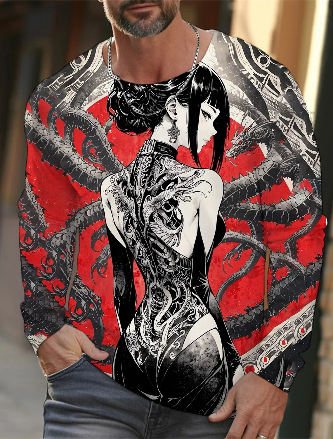 2024 new men's long-sleeved T-shirt 3D printing HD anime tattoo beauty printing men's autumn tops casual round neck home clothes