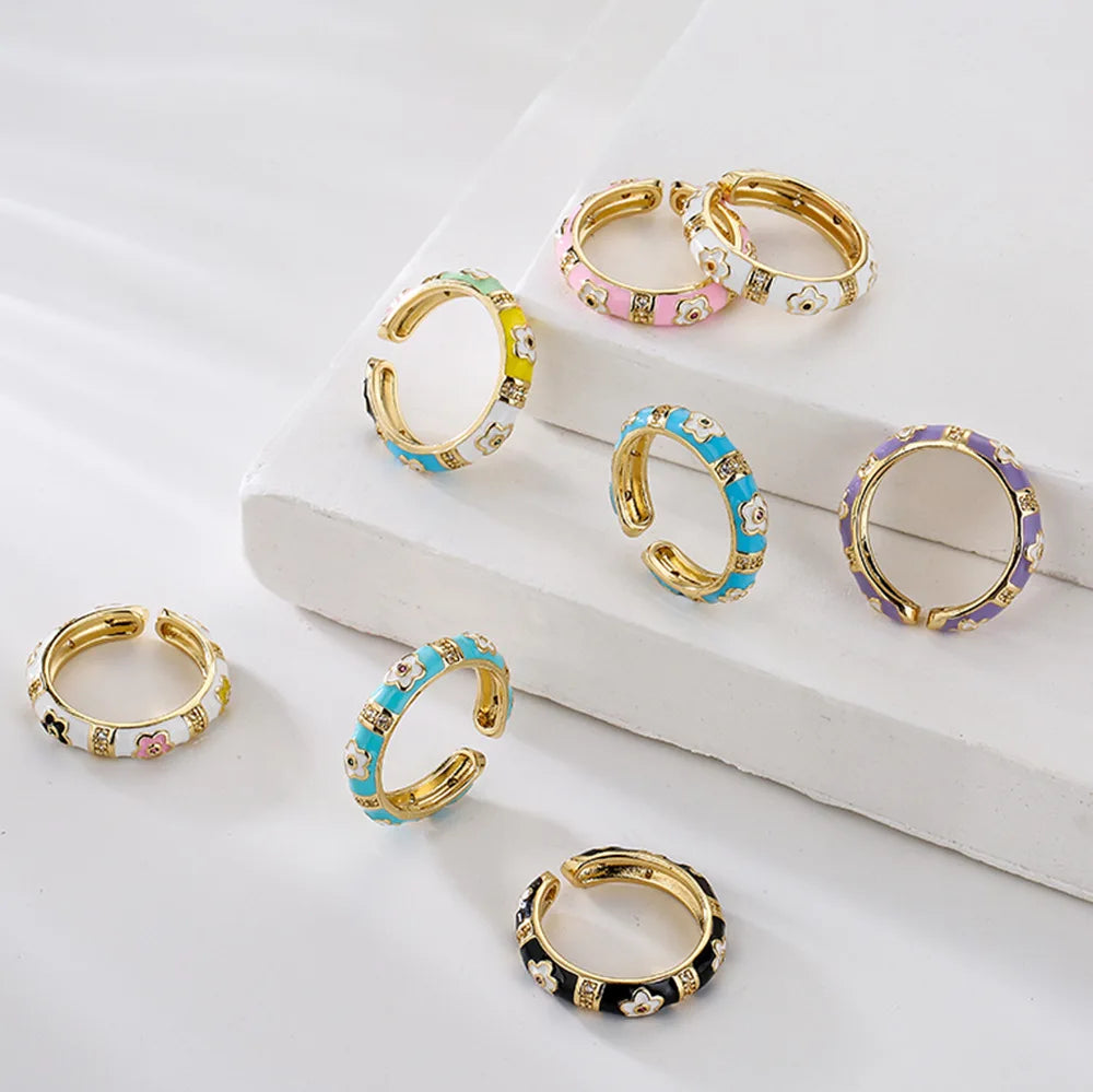 NEWBUY Colorful Enamel Wedding Rings For Women Female Oval Flower Finger Ring Female Party Jewelry Accessories Wholesale