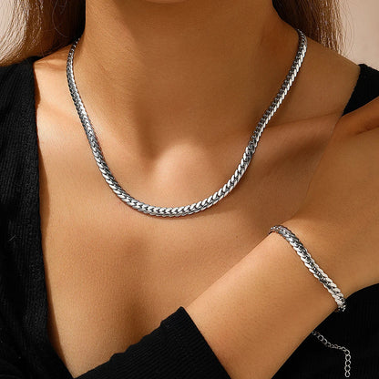 Aomogo Stainless Steel Simple Flat Cuban Chain Bracelet Necklace Jewelry Set 18k Gold Plated Fashion Thick Chain Fashion Jewelry