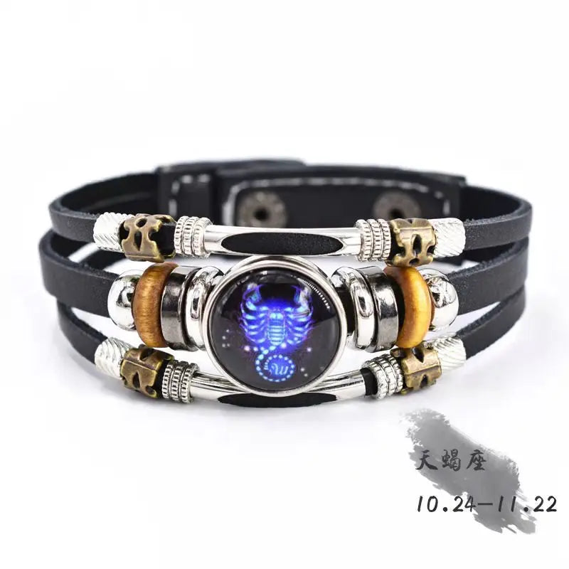Twelve Constellations Luminous Leather Bracelet Retro Multi-layer Beaded Leather Bracelet Jewelry Gifts for Men Women Couples