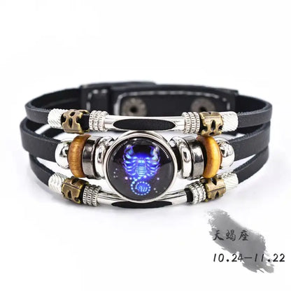Twelve Constellations Luminous Leather Bracelet Retro Multi-layer Beaded Leather Bracelet Jewelry Gifts for Men Women Couples