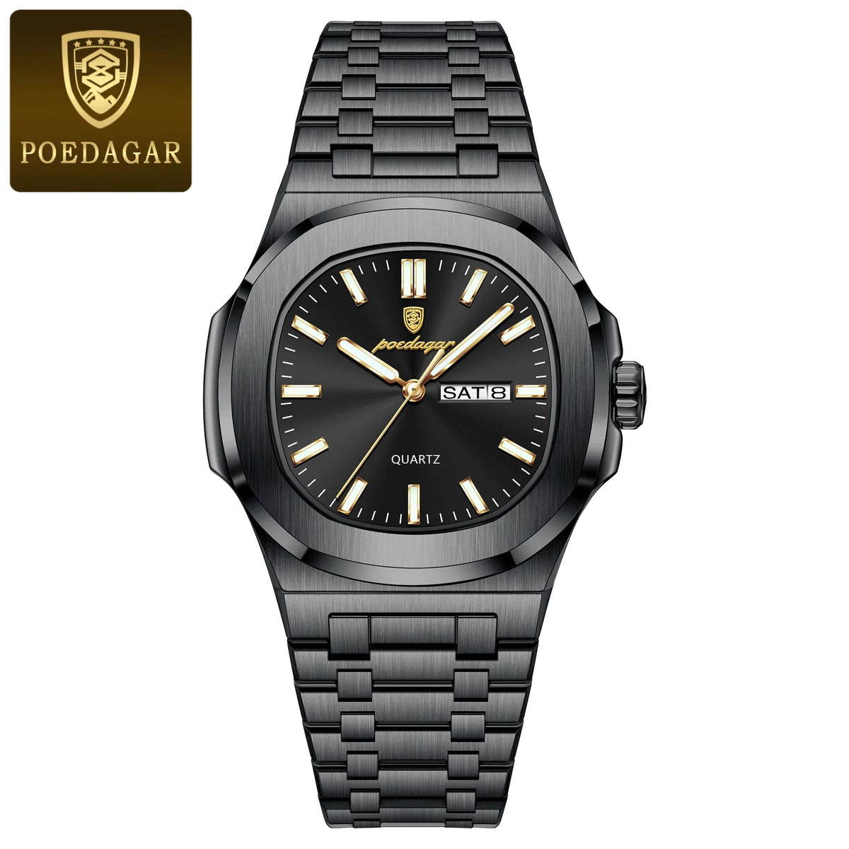 POEDAGAR Trendy Casual Wristwatch For Men Week Date Stainless Steel Man Watch Luminous Waterproof Luxury Quartz Men Watches+Box