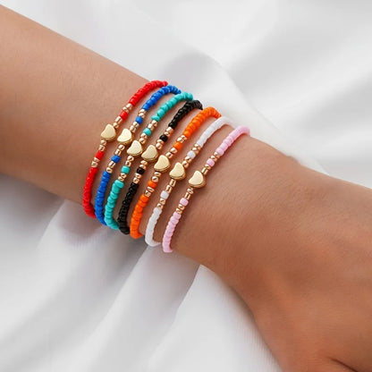 7Pcs Colorful Rice Beads Bracelet Set For Women Fashion Heart Charm Elastic Beaded Chain Bangle Female Trendy Jewelry Gift