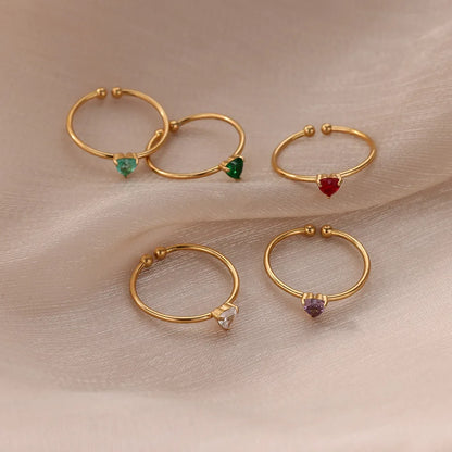 Fashion Zircon Heart Birthstone Rings For Women Stainless Steel Gold Color Birthstone Ring  Aesthetic Wedding Jewelry Gift