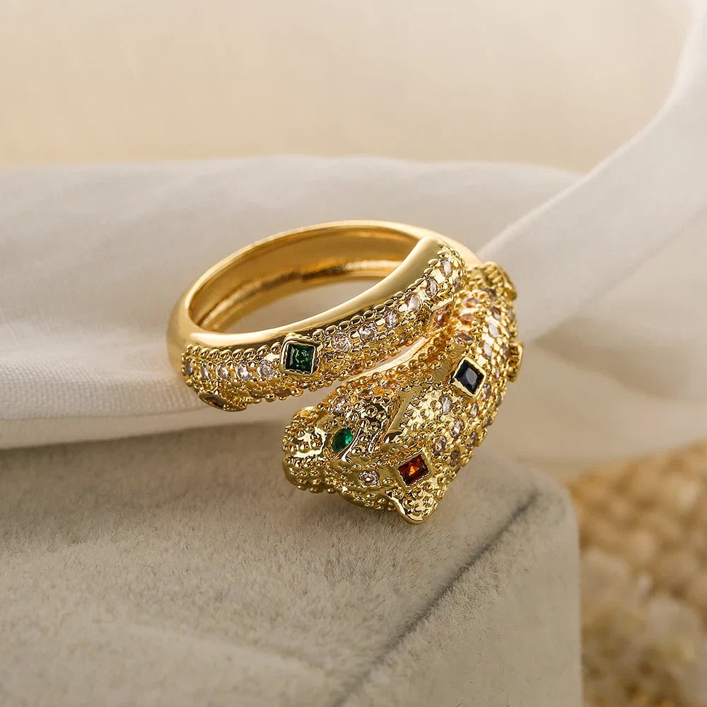 NEWBUY High Quality Fashion Statement Big Animal Ring For Women Girl Party Jewelry Gold Color Zircon Leopard Open Ring Wholesale