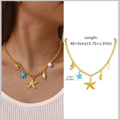 18k Gold Plated Pearl Shell Starfish Necklace | Summer Beach Jewelry for Women