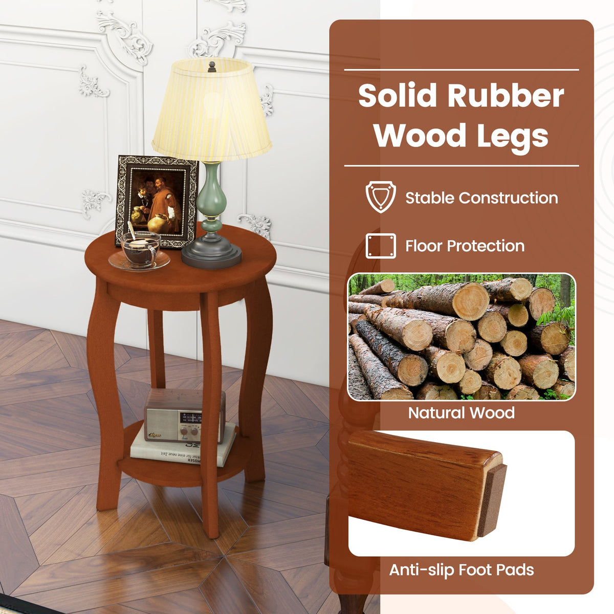 Set of 2 15 Inch 2-Tier Round End Table with Storage Shelf