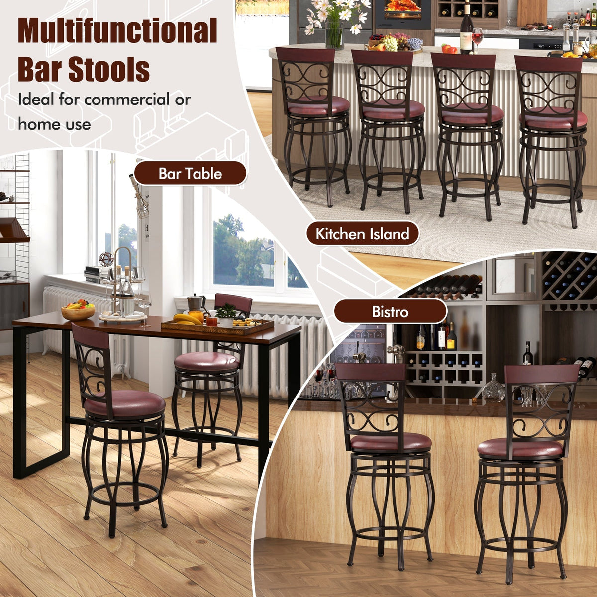 Set of 2 26 Inch Bar Stool with Backrest and Footrest