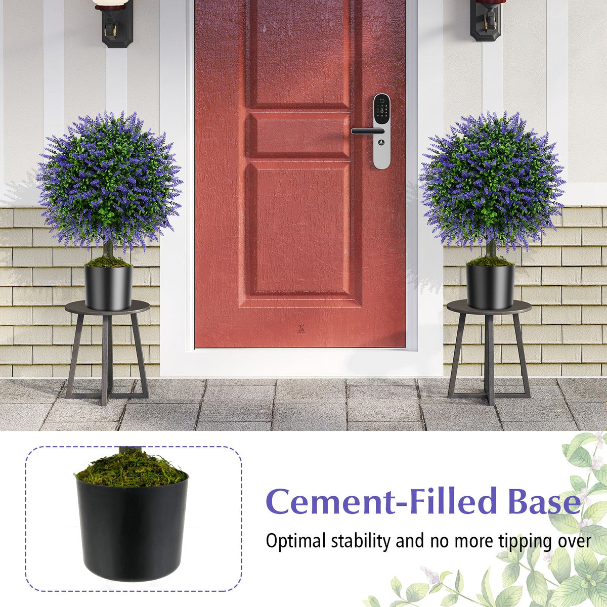 23 Inch Set of 2 Artificial Lavender Topiary Ball Trees with Cement-Filled Pot-Purple