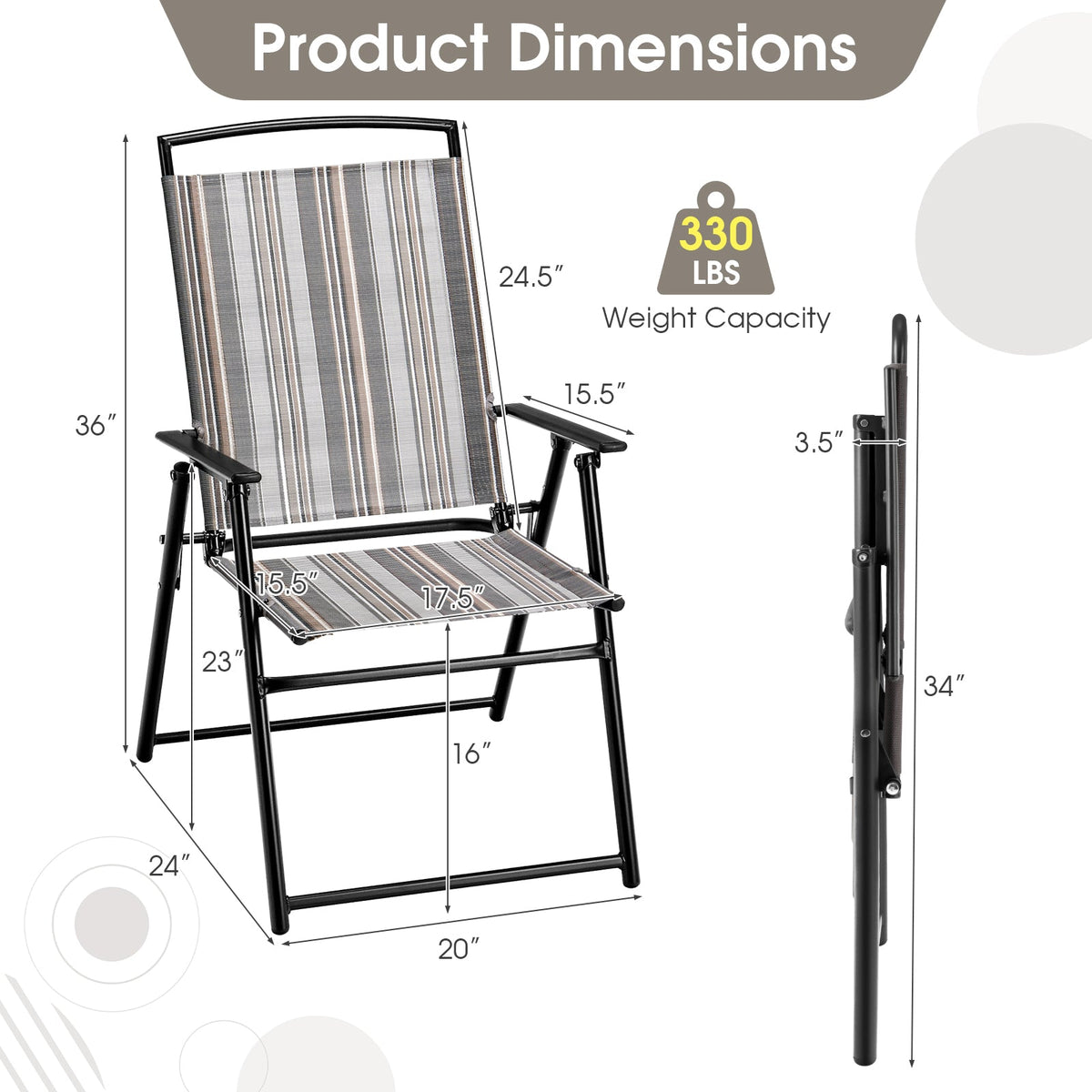 Set of 2 Patio Folding Sling Chairs Space-saving Dining Chair-Gray