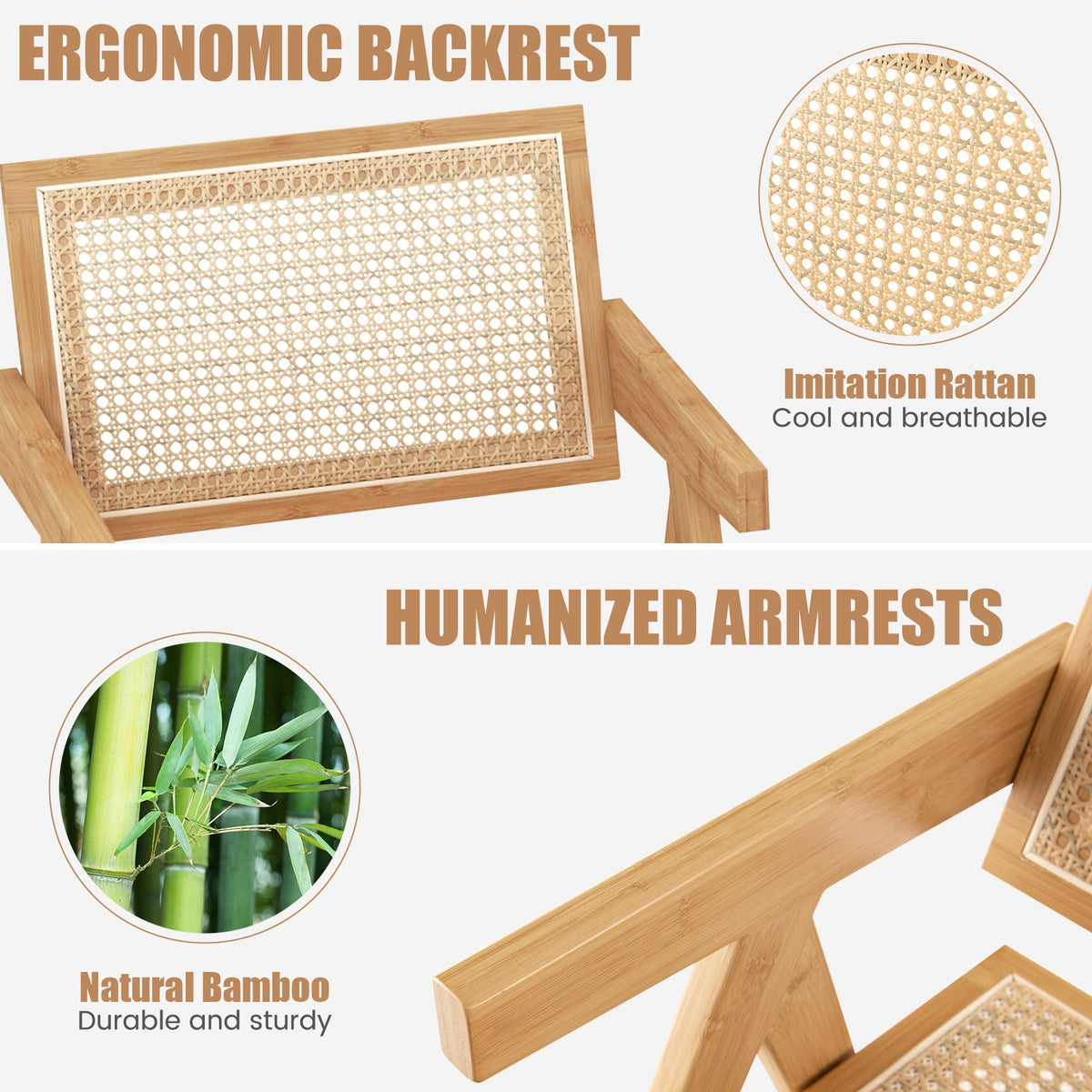Set of 2 Rattan Accent Chairs with Natural Bamboo Frame-Natural