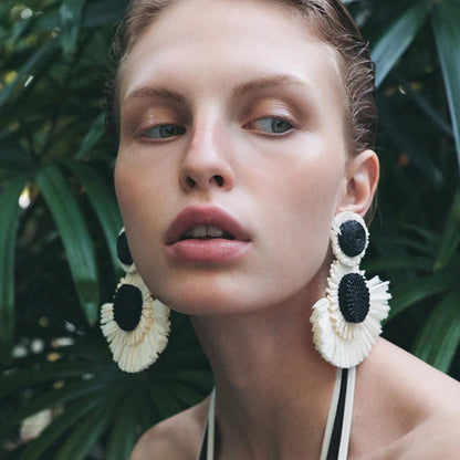 Black And White Raffia Fan Dangle Earrings | Bohemian Tribal Handmade Jewelry