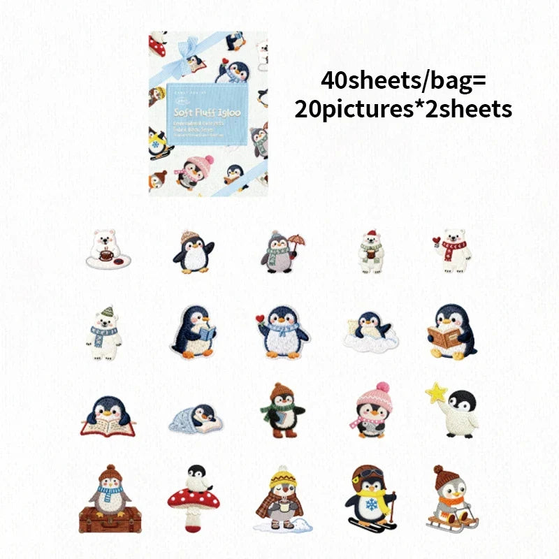 Kawaii Embroidered Fabric Pet Sticker Set | 40Pcs White Kraft Paper Journal Decor