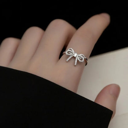 Yupsk Korean Fashion Micropaved Crystal Zirconia Bow Ring for Women Girls Exquisite Ins Trendy Minimalist Finger Rings Jewelry