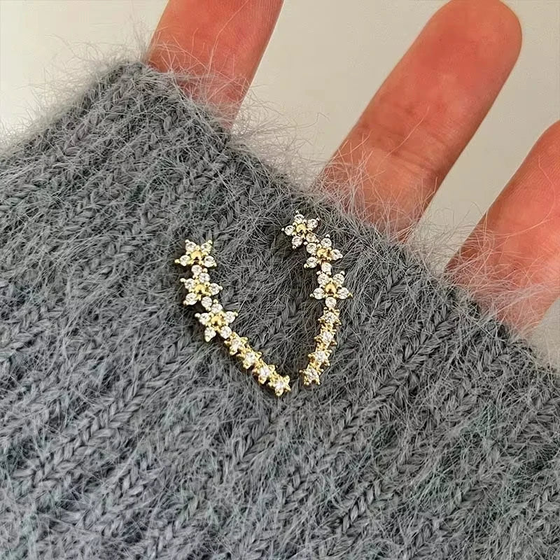 Fashion Silver Color Zircon Flower Star Stud Earrings For Women Simple Metal Piercing Climbing Earrings Jewelry Accessories