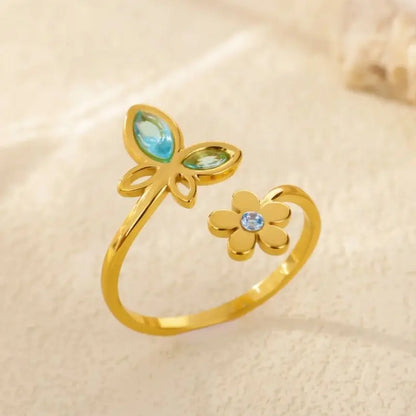 Elegant Zircon Flower Butterfly Rings For Women Gold Color Stainless Steel Flower Adjustable Ring Wedding Christmas Jewelry Gift