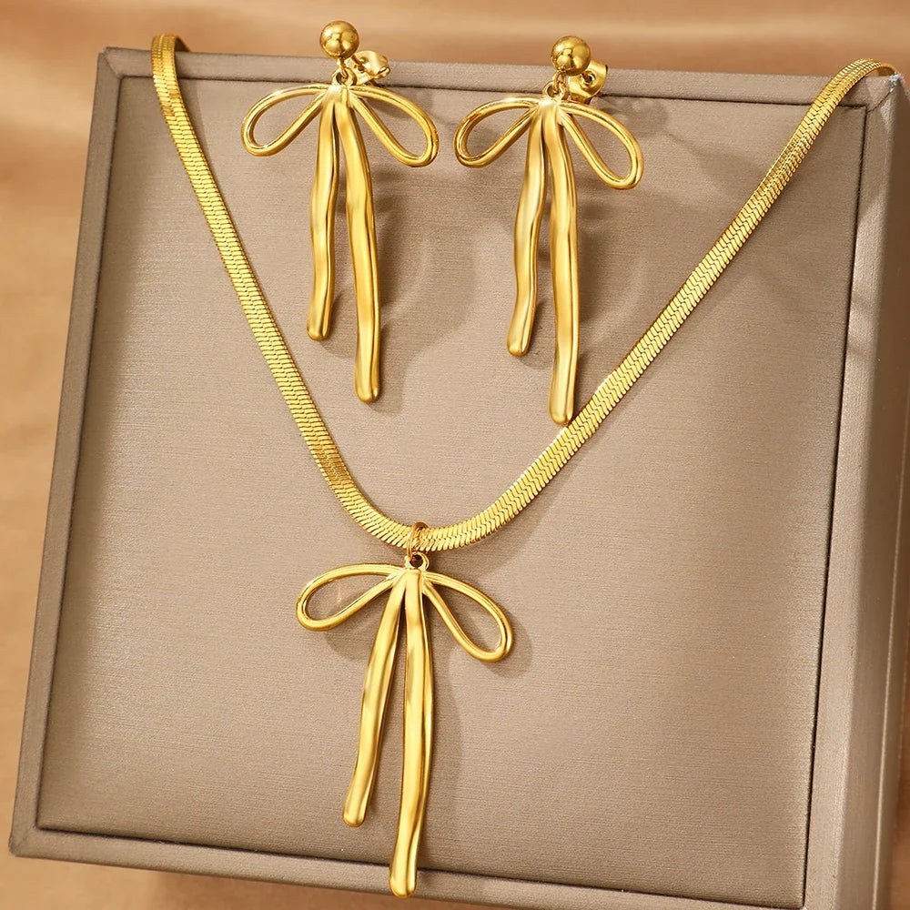 Aomogo Stainless Steel Set Luxury Fashion Bow Tie Pendant Snake Bone Chain Earrings Necklace Set for Women Jewelry Daily Match