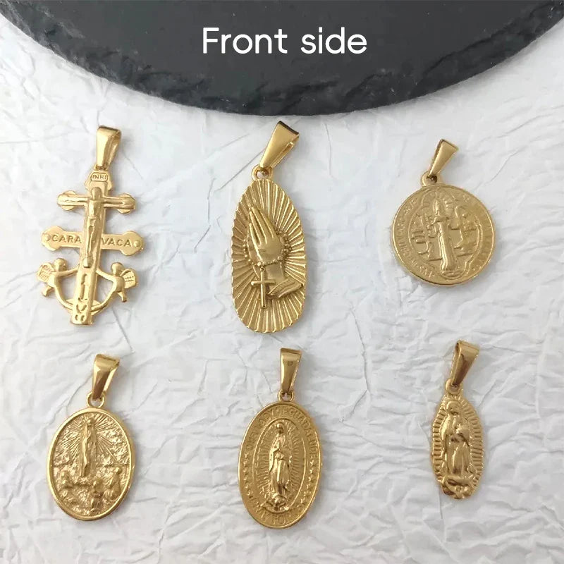 Virgin Mary Saint Michael Cross Prayer Pendant Necklace Gold Stainless Steel Religious Pendants Catholic Women/Men Jewelry