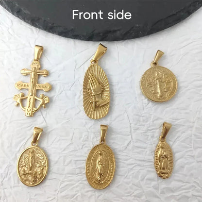 Virgin Mary Saint Michael Cross Prayer Pendant Necklace Gold Stainless Steel Religious Pendants Catholic Women/Men Jewelry