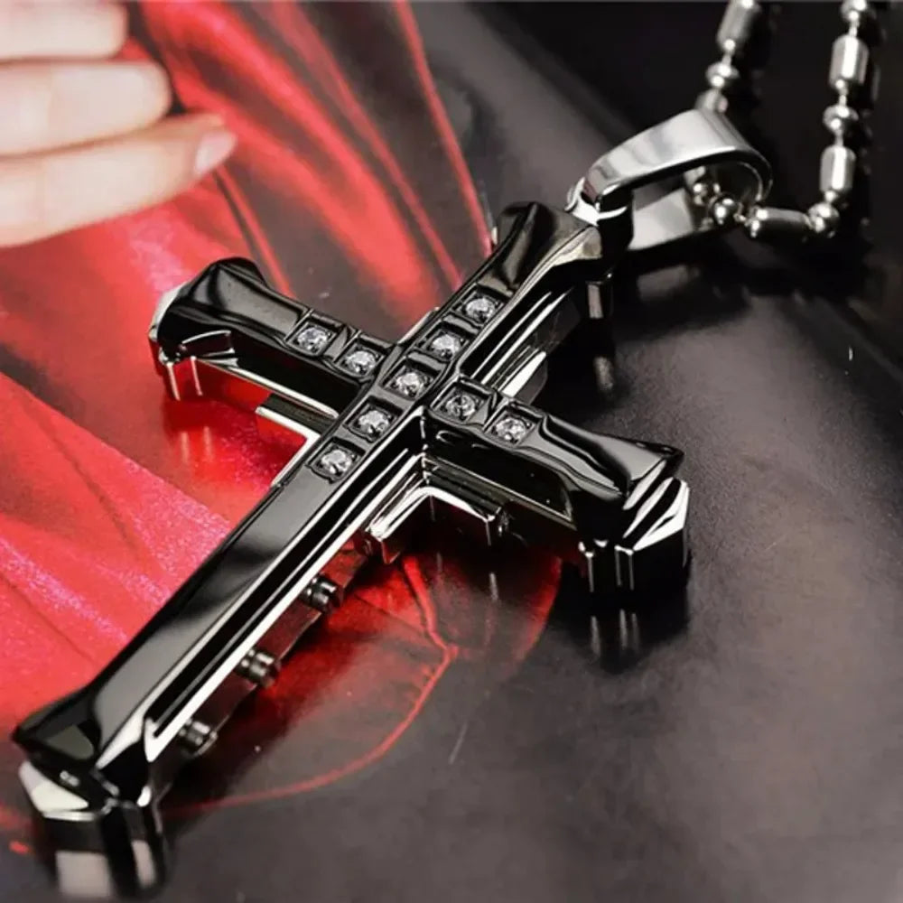 Men's Crystal Cross Pendant Necklace, Gold/Black/Blue Zirconia, Stainless Steel Jesus Cross Jewelry
