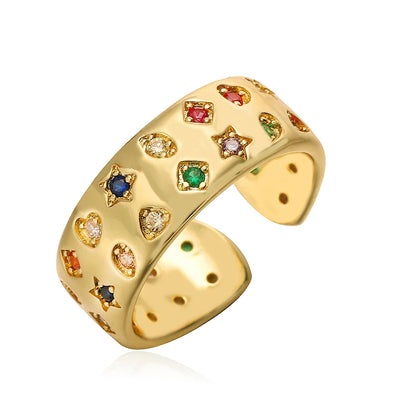 NEWBUY 2024 New Fashion Gold Color Colourful AAA CZ Zircon Inlay Jewelry Open Design Wedding Bands Rings For Women Girl